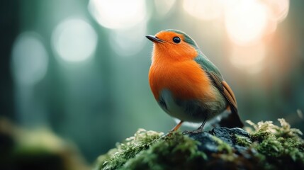 Fototapeta premium A vibrant orange-breasted robin stands proudly atop a mossy rock, bathed in gentle light from a forest setting, capturing a moment of serene beauty and vitality.
