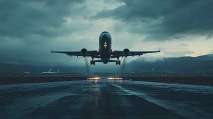 Naklejka premium A dramatic shot of an airplane lifting off from the airport runway, capturing the thrilling moment of takeoff with the horizon in the background