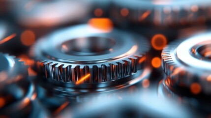 A detailed view of meshed mechanical gears in various sizes, representing precision engineering and cooperation with a metallic and industrial aesthetic.