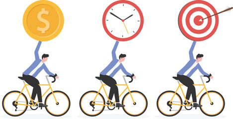 Naklejka premium Business achievement, team goal, team members run forward together with target, clock, gold coins