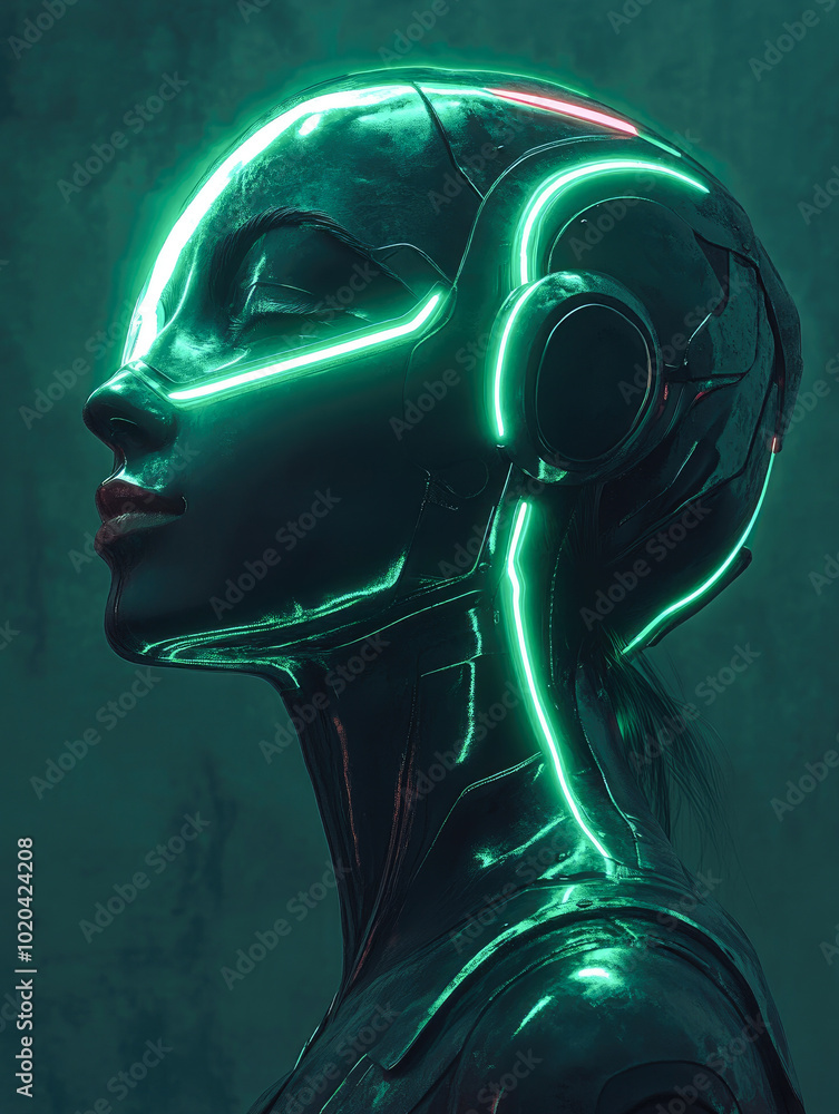 Poster a high-tech robotic figure in profile with glowing neon lines, symbolizing futuristic design and tec