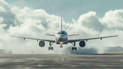 Captivating Journey: A Majestic Aircraft Touchdown Amidst Clouds, Showcasing the Thrill of Air Travel and the Joy of Aviation Enthusiasts