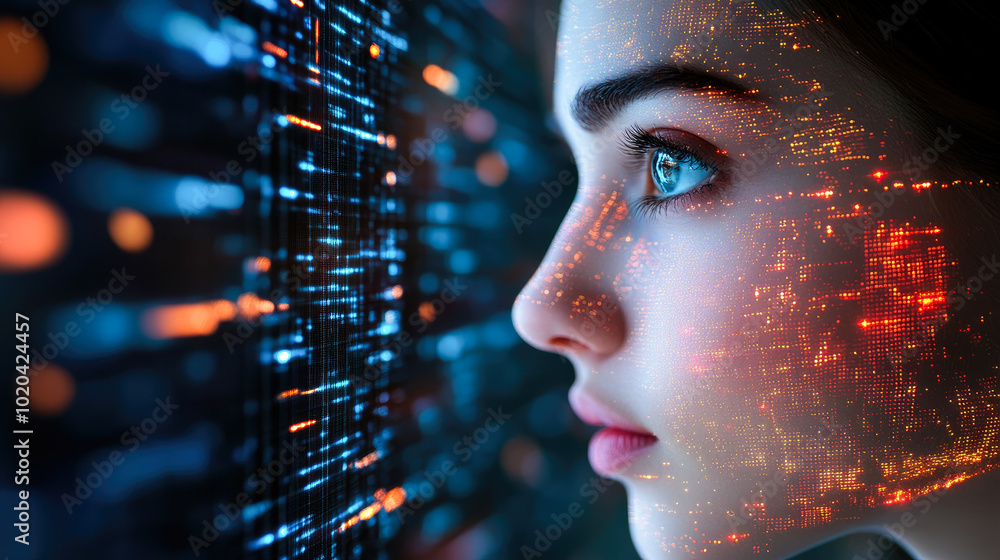 Poster a close-up of a face with colorful digital patterns reflecting technology and human connection, show