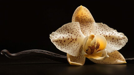 An orchid resembling a vanilla flower with a vanilla pod on a dark background