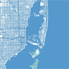 Map of Miami Bay in Florida in a professional blue style. Contains layered vector with roads water, parks, etc.