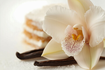 An orchid flower resembling vanilla orchid with vanilla pods and a white background with a creamy pastry