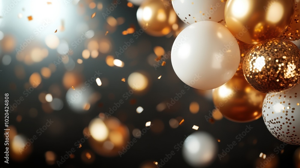 Poster luxurious golden and white balloons float with shimmering confetti, creating an elegant atmosphere p