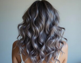 Fototapeta premium A close-up view showcases beautiful shiny gray ash curls that exhibit a stunning texture and vibrant luster, accentuated by soft lighting. The intricate curls frame the head beautifully. Generative AI