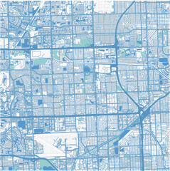 Map of Miami Gardens in Florida in a professional blue style. Contains layered vector with roads water, parks, etc.
