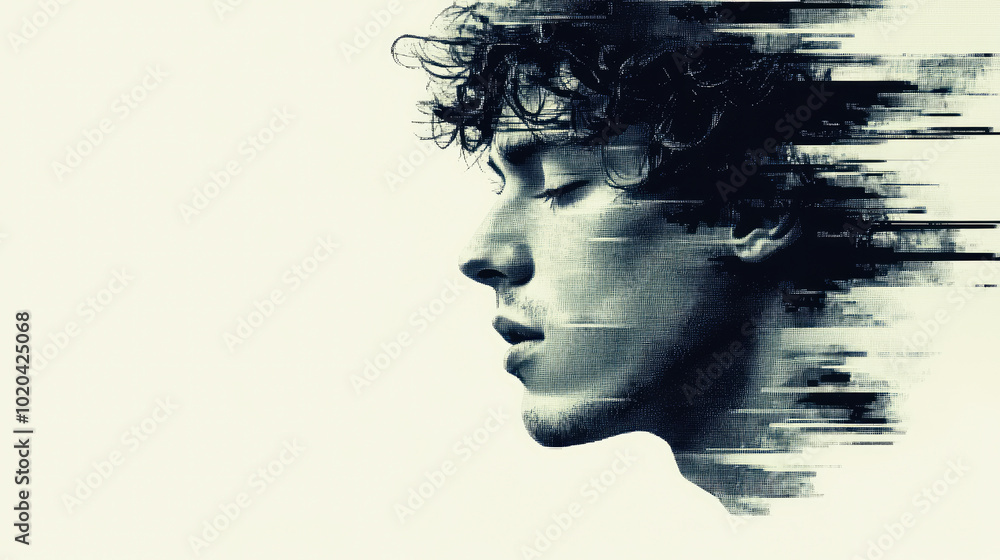 Aufkleber profile of a man rendered in dark tones, merging with digital distortions, symbolizing chaos and mod