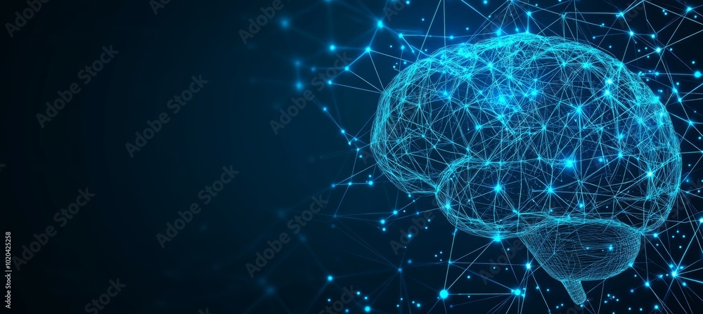 Poster abstract brain with glowing connection lines. artificial intelligence or neural network concept.
