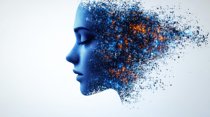 Artistic representation of a woman's side profile dissolving into blue and orange pixels, conveying digital transformation.