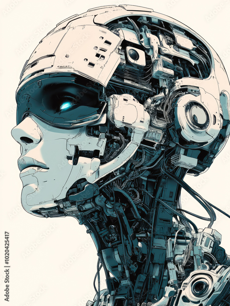 Poster a futuristic humanoid robotic figure with intricate circuits and wires, showcasing advanced technolo