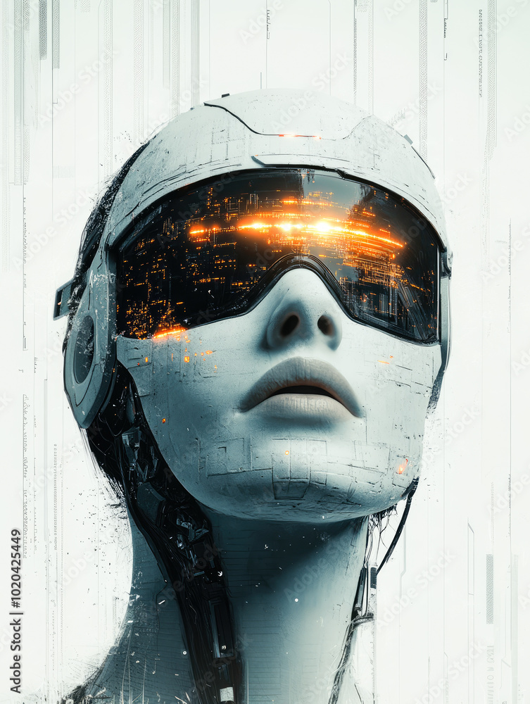Poster an advanced robotic head with a reflective visor showing a cityscape, symbolizing modern innovation 