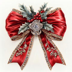 Red Christmas Bow with Holly and Diamond Brooch