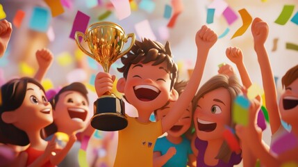 Obraz premium Animated characters cheering and celebrating with a trophy in hand, surrounded by confetti and colorful paper
