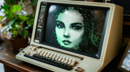 An old computer monitor shows a digitally rendered woman's face, blending traditional technology with modern digital artistry.
