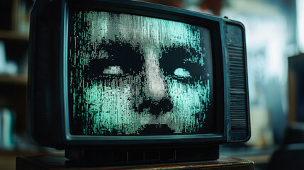 An old TV screen displays a pixelated human face, blending retro aesthetics with digital, reminiscent of early digital art.