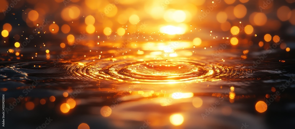 Poster water drop creating ripples on water surface with golden bokeh.