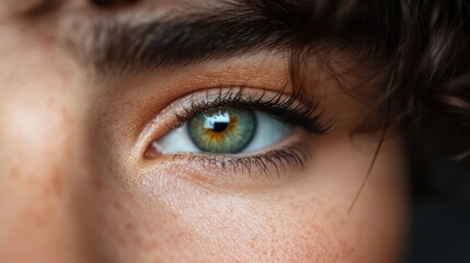 Obraz premium A close-up shot of a single eye in natural lighting, highlighting its striking golden tones and textures, set amidst delicate and soft skin surroundings.