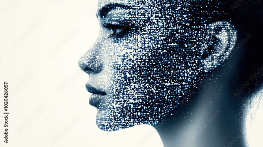 Poster an artistic portrayal of a woman's profile disintegrating into binary code, signifying the merge of 