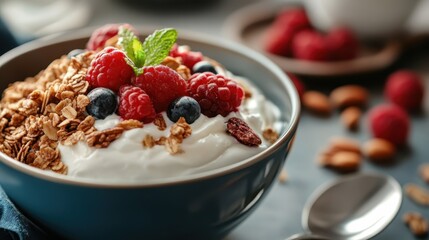 Indulge in a bowl of creamy yogurt adorned with clusters of granola and an array of mixed berries, topped with a mint leaf for a touch of freshness and color.