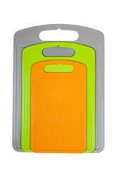 Chopping cutting board set on white background. Cutting boards plastic isolated set of three