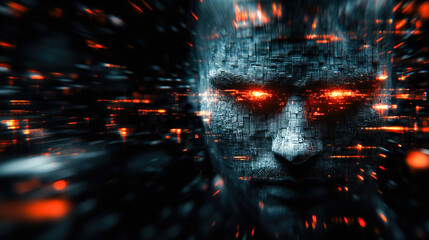 A menacing male digital face with intense red and orange elements, evoking power, technology, and futuristic intensity.