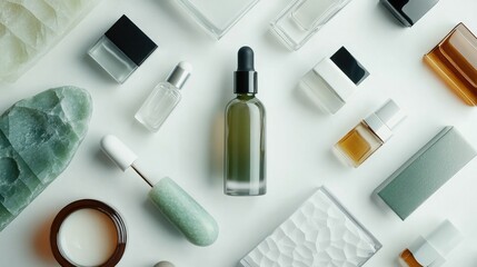 Obraz premium Flat lay of various skincare items, including a jade roller, serum bottles, and a face cream on white.