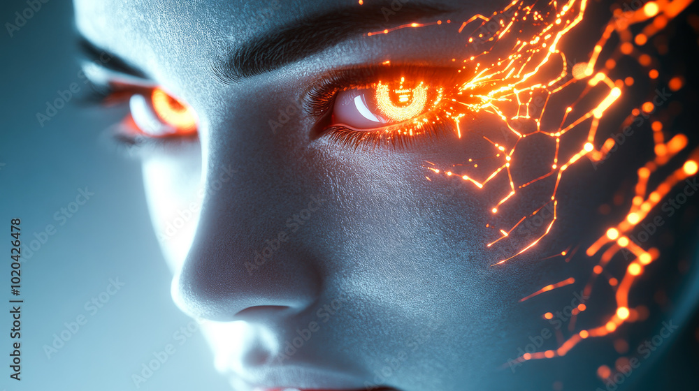 Poster a digital face illuminated with glowing patterns, symbolizing high-tech developments in artificial i