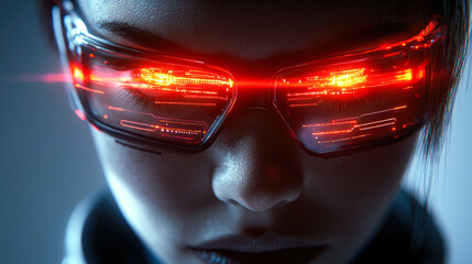 An intense close-up of a person wearing digital glasses glowing red, representing virtual reality and technological advancement.