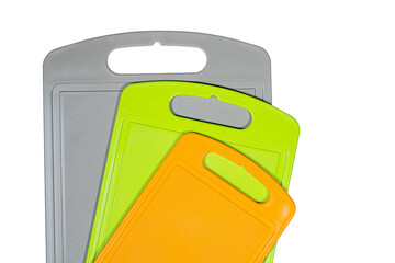 Chopping cutting board set on white background. Cutting boards plastic isolated set of three