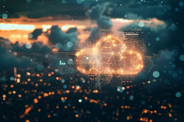 Illuminated digital cloud overlay hovers over a cityscape at dusk, symbolizing connectivity and the modern digital era.