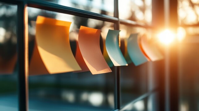Colorful sticky notes affixed to a window, bathed in the soft warmth of a golden sunset, conveying a sense of creativity, reflection, and organized thoughts.
