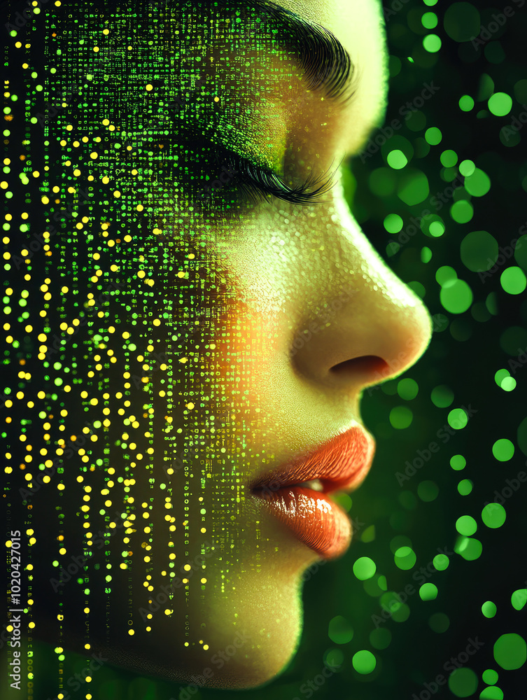 Aufkleber a digital image of a face presenting with green and yellow dots, representing technology's intersect