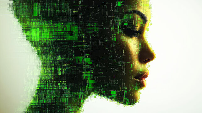 A side profile of a face featuring glowing green digital elements, depicting the fusion of human identity and technological evolution.