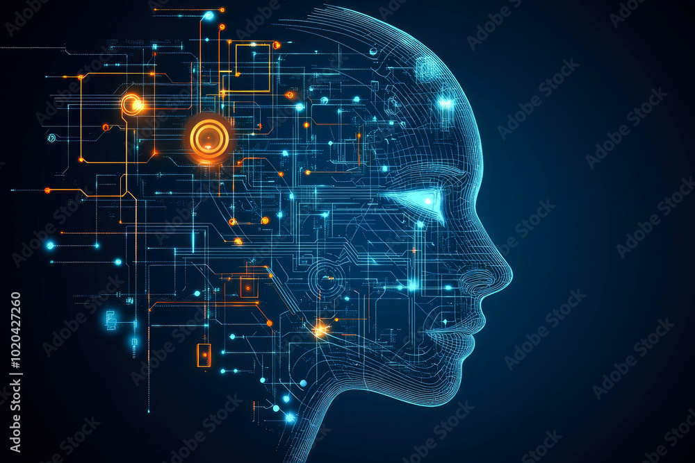 Poster an abstract representation of a human profile outlined by intricate blue circuits, symbolizing intel