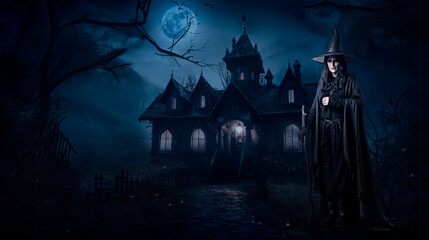 Halloween witch standing over creepy haunted house in mystery forest at night, Halloween mystery concept