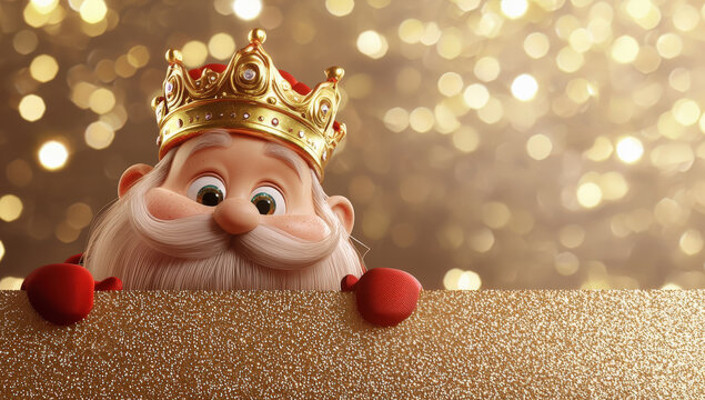 Rey mago de navidad Melchor de dibujos animados en 3D, con una corona dorada, asomando sobre un muro vacio publicitario brillante, ,  sobre fondo dorado desenfocado con bokeh