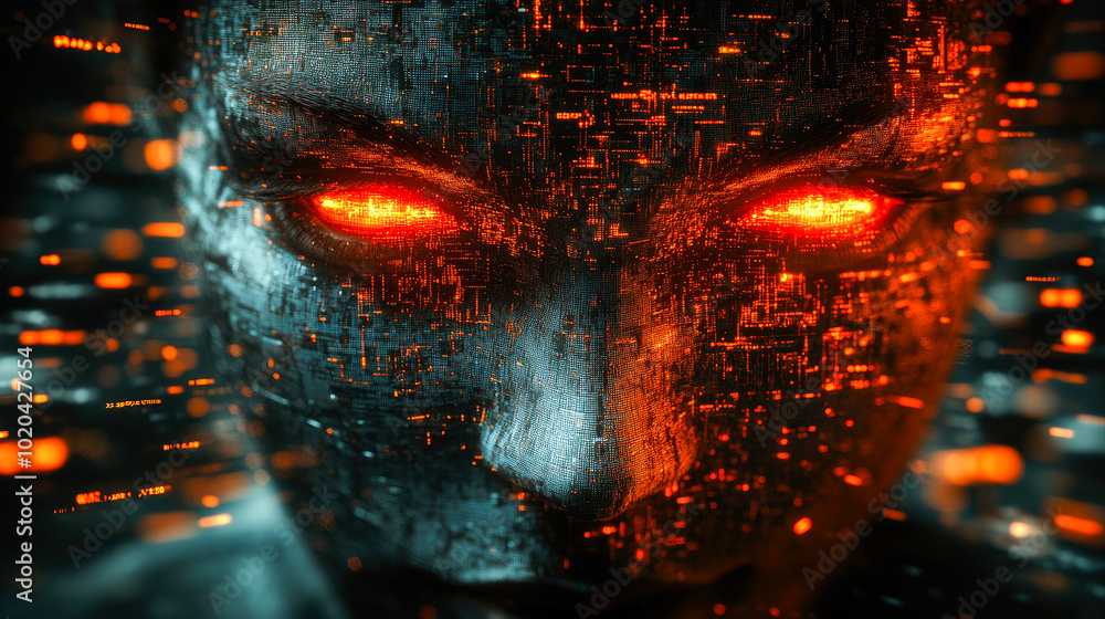 Poster a futuristic digital face with glowing red eyes, surrounded by abstract data patterns in a technolog