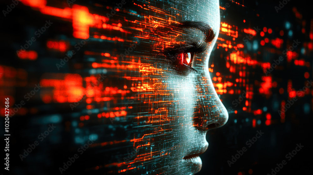 Poster a detailed side view of an artificial intelligence, featuring an intricate design with orange and re
