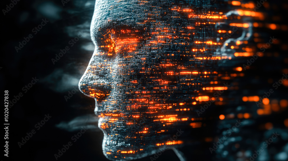 Poster a striking image depicting the merging of technology and humanity, with a digital face comprising in