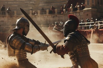 Two armored fighters engage in a fierce duel, frozen in a split second of action with swords raised, capturing the essence of battle.