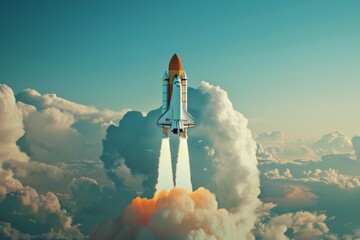 A space shuttle ascends majestically through bright, fluffy clouds, carrying dreams and technology into the endless sky.