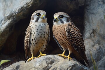 Two falcons perched on a rock, showcasing their distinctive plumage and expressions.