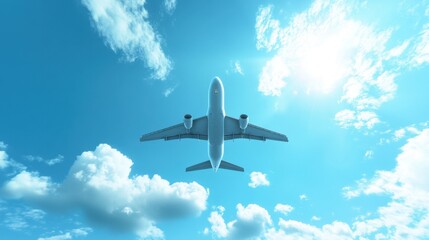 Obraz premium A jet airplane soaring into the sky from the airport, symbolizing the start of an exciting adventure, with clouds and a bright blue sky as the backdrop