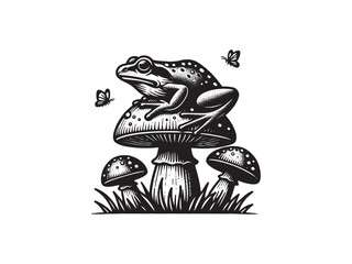 A frog sits on a fly agaric mushroom. Beautiful vintage engraving vector illustration. Black outline	