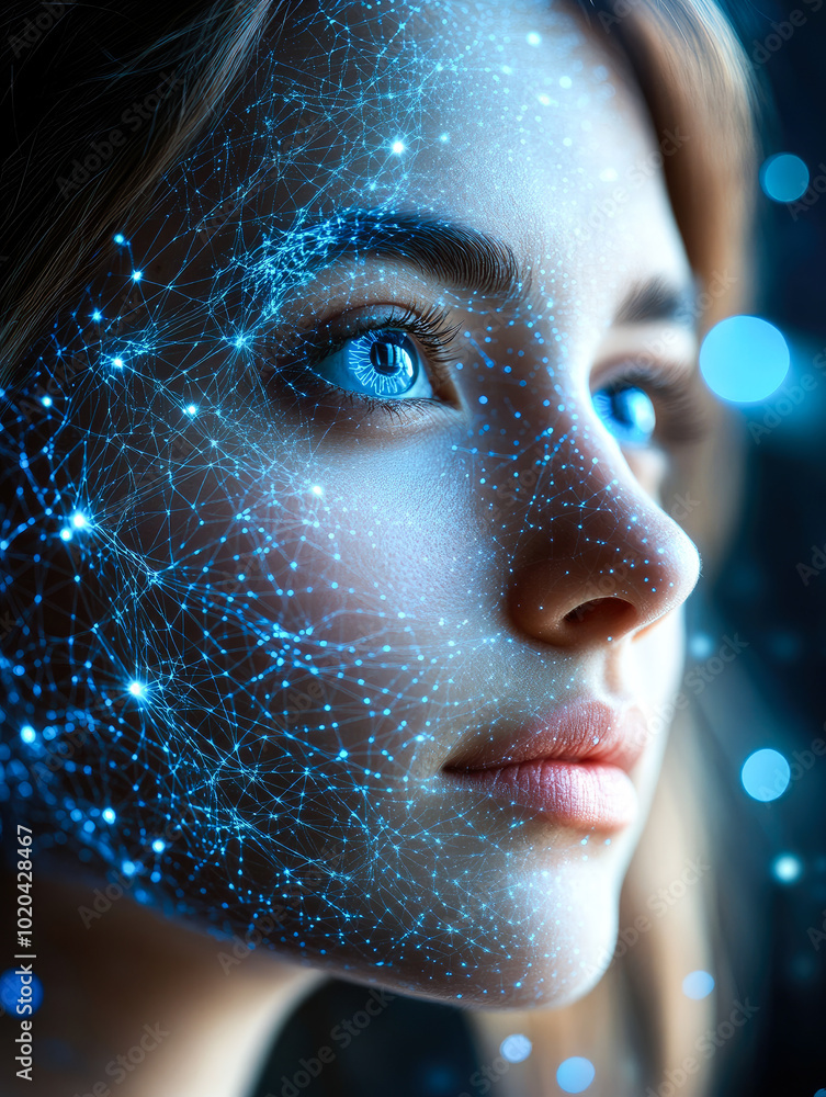 Poster a face with blue circuitry patterns symbolizing the intersection of digital technology and human exp