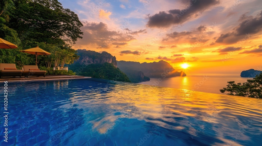 Wall mural infinity pool overlooking a scenic mountain view at sunset, with calm water and golden sky reflectio