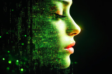A digital woman's face blends with a green matrix code pattern, signifying technology's merger with human identity. Futuristic theme.